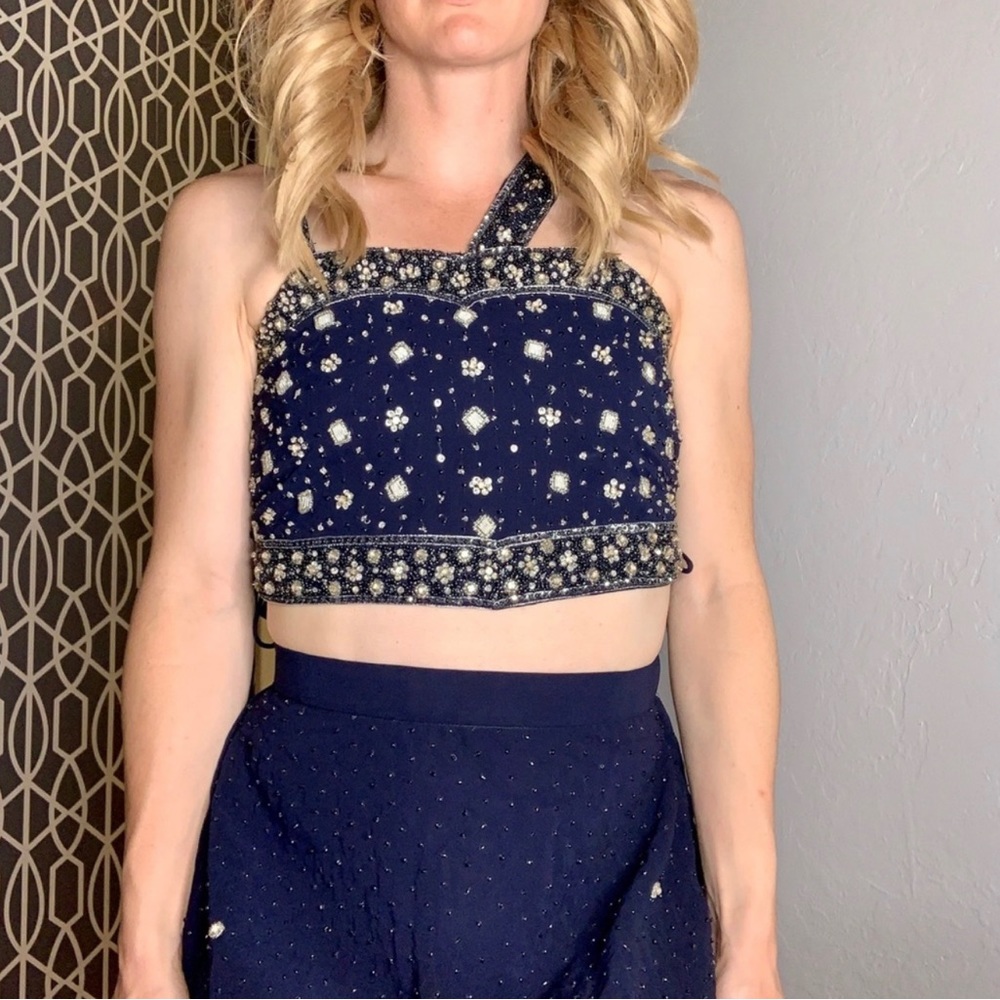 Vintage Navy Blue Indian Wedding Guest Lehenga Party Dress Sari Skirt Crop Top